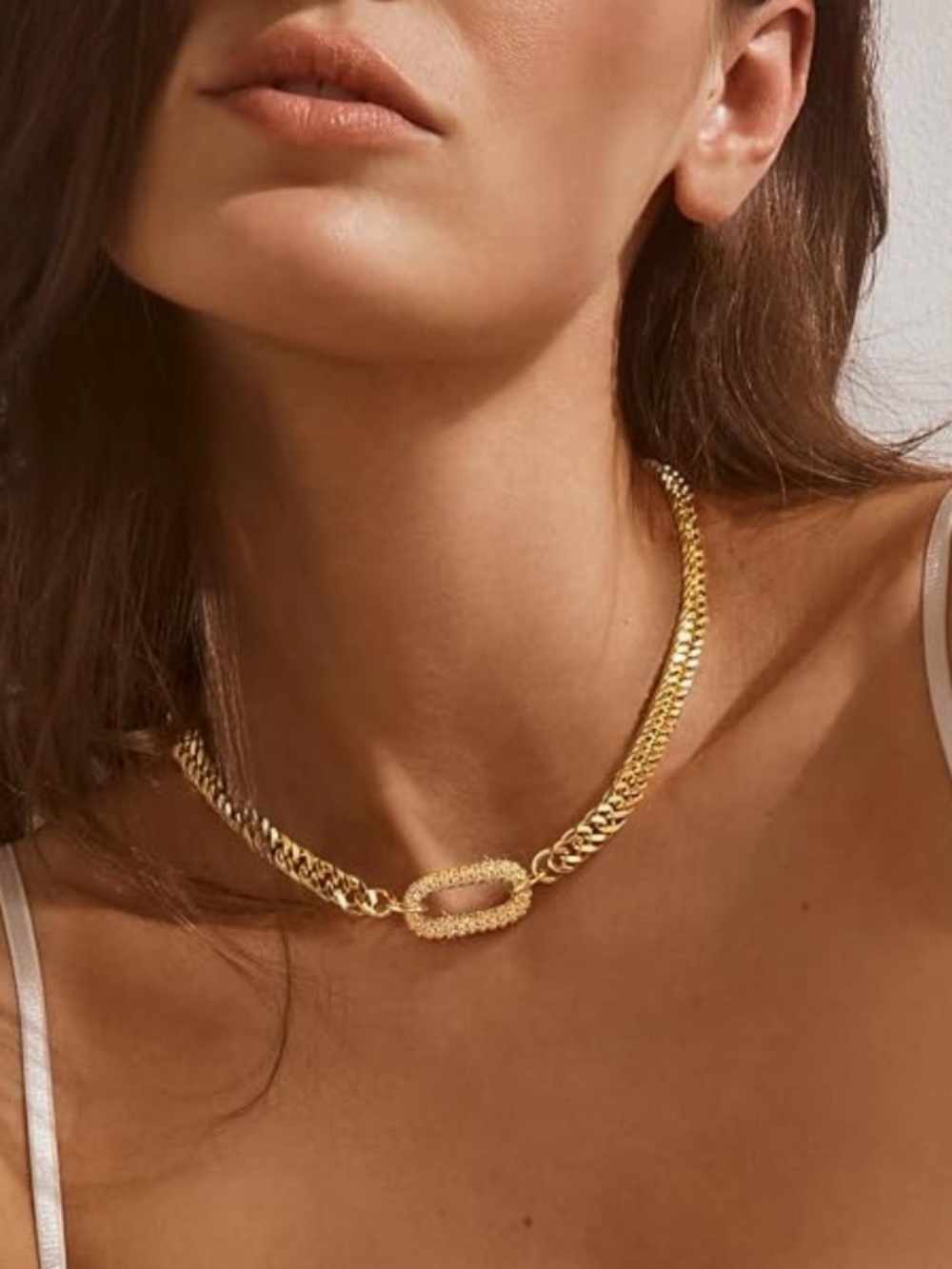14K Gold Plated Link Oval Cubic Zirconia Accent Chain Necklace